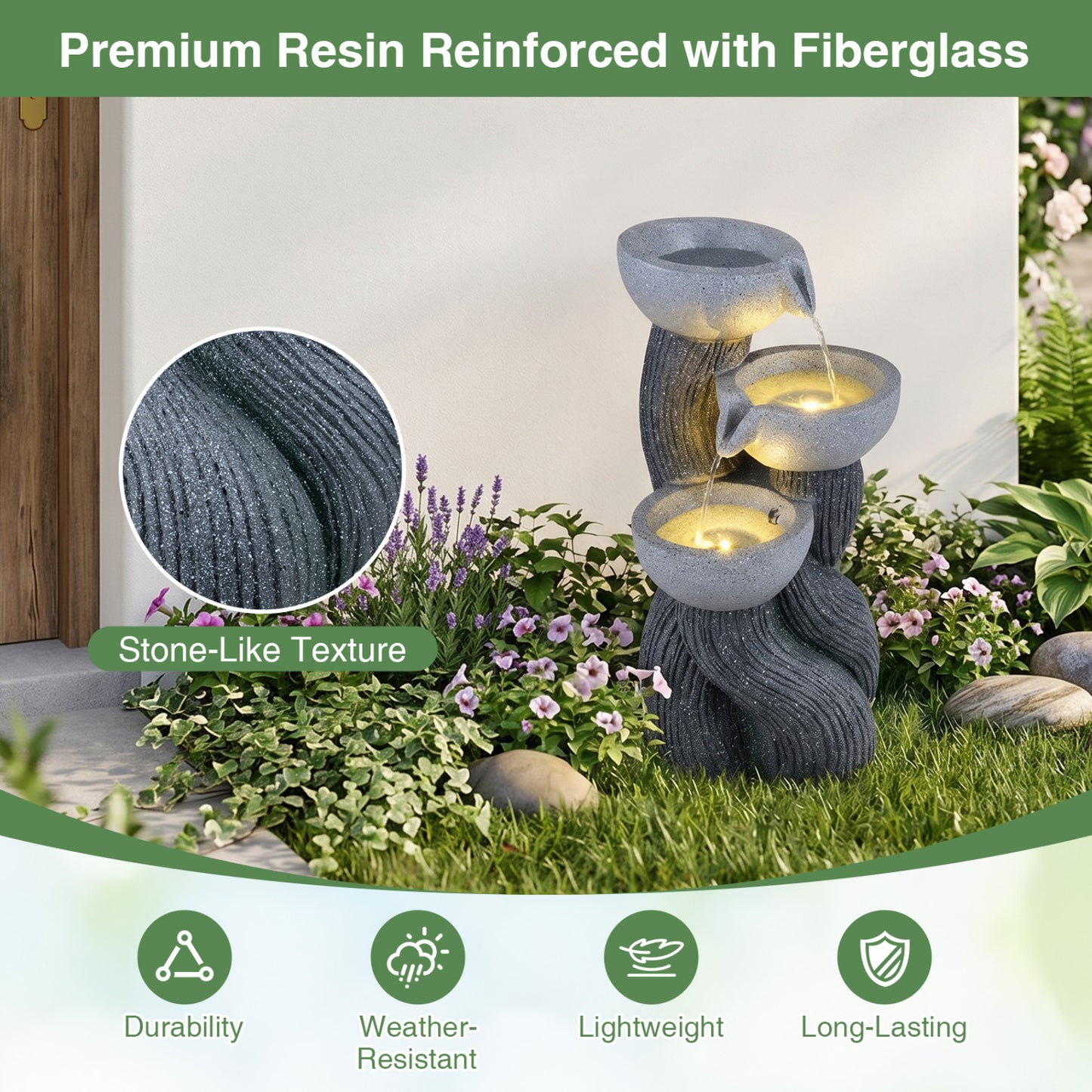 3-Tier Outdoor Water Fountain, 18.5 Inch H, LED Lights, Gray Outdoor Decor at Gallery Canada