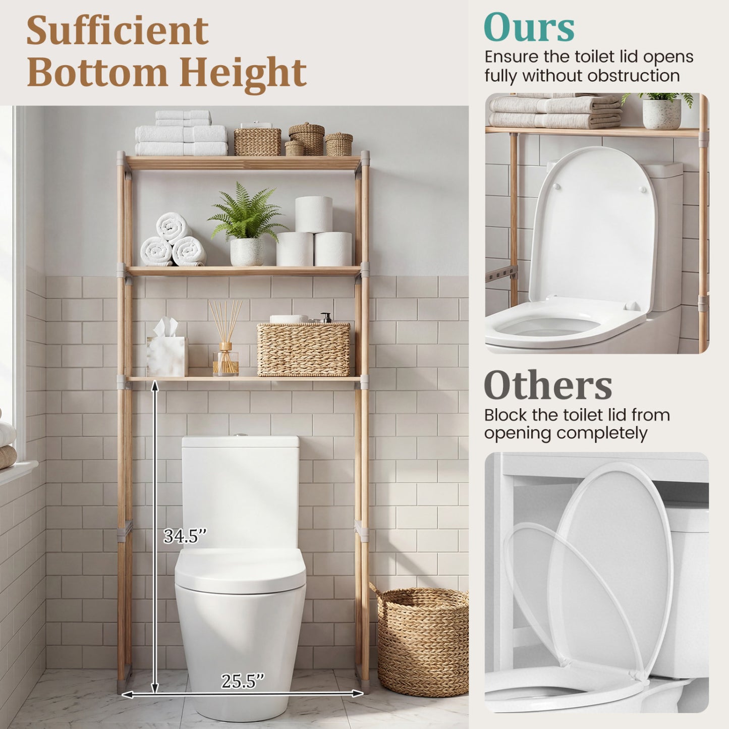 3-Tier Over The Toilet Storage Rack with Open Shelves, Gray Toilet at Gallery Canada