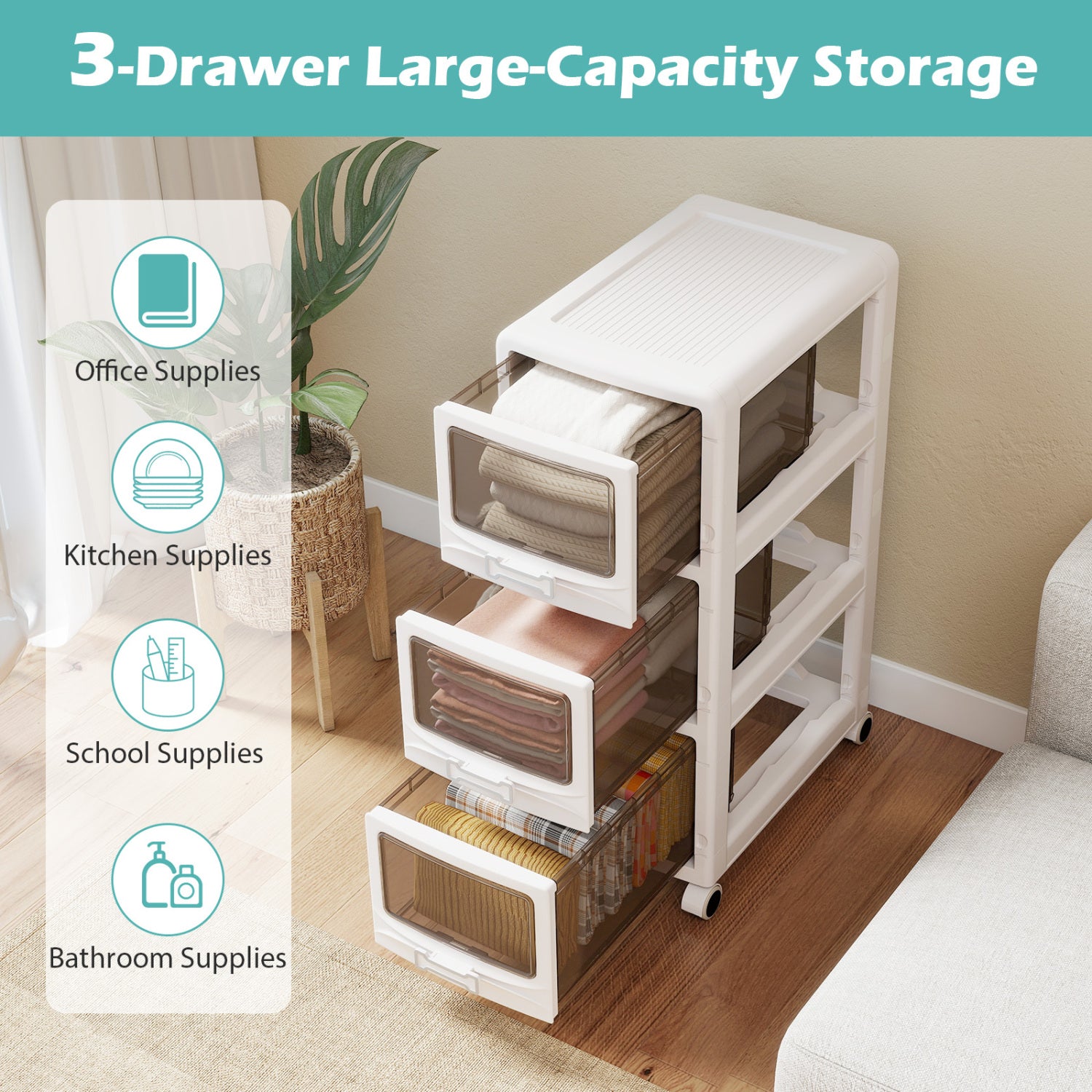 3-Tier Plastic Drawer Storage Organizer, Rolling Cart, Lockable Wheels File Cabinets at Gallery Canada