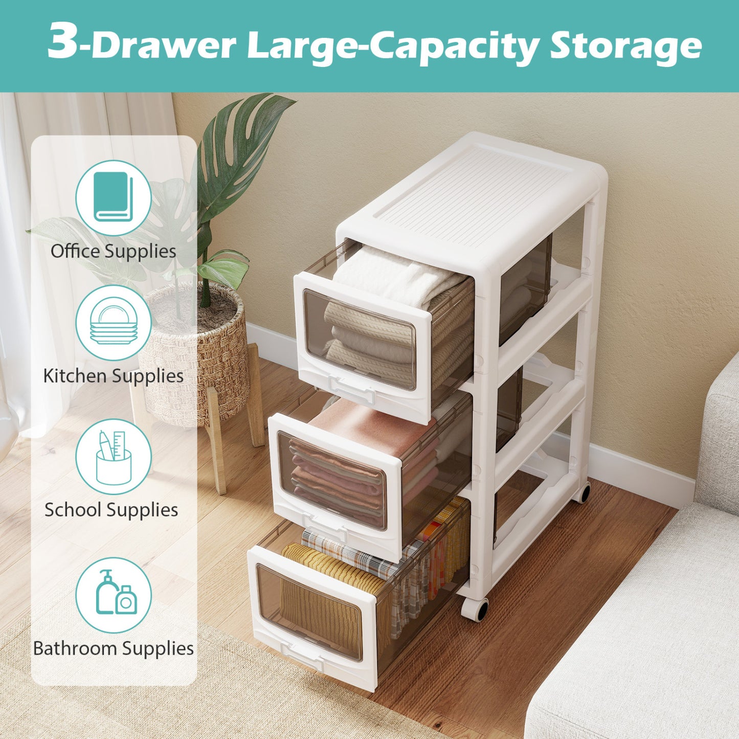 3-Tier Plastic Drawer Storage Organizer, Rolling Cart, Lockable Wheels File Cabinets at Gallery Canada