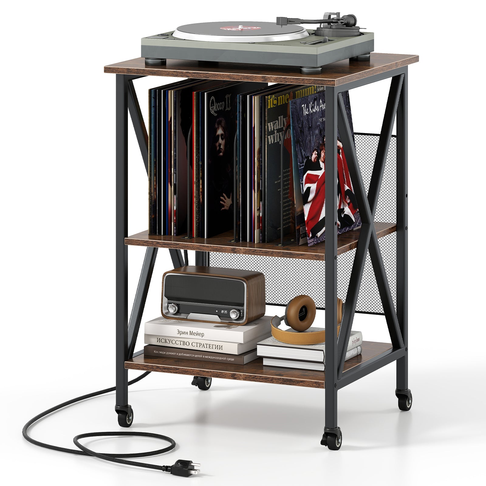 3-Tier Record Player Stand with Charging Station and Adjustable Shelf, Coffee Corner Desks at Gallery Canada
