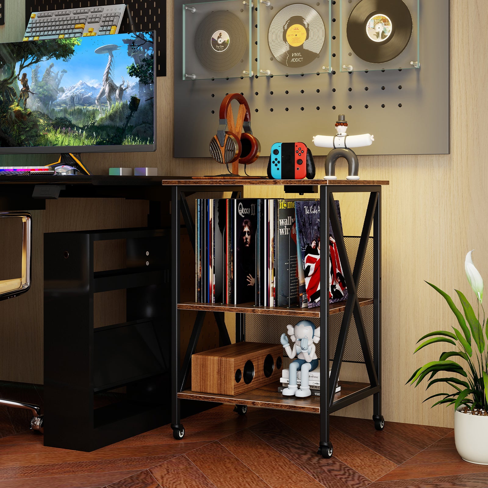 3-Tier Record Player Stand with Charging Station and Adjustable Shelf, Coffee Corner Desks at Gallery Canada
