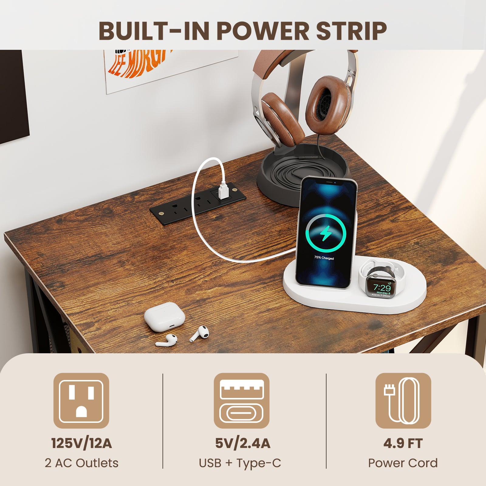 3-Tier Record Player Stand with Charging Station and Adjustable Shelf, Coffee Corner Desks at Gallery Canada