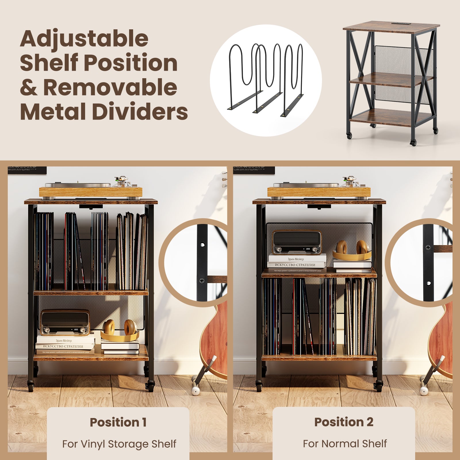 3-Tier Record Player Stand with Charging Station and Adjustable Shelf, Coffee Corner Desks at Gallery Canada