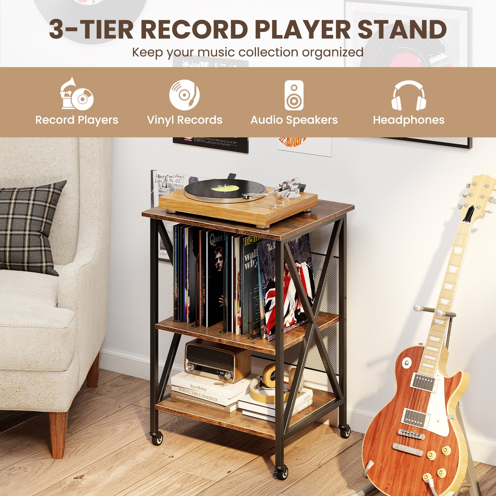 3-Tier Record Player Stand with Charging Station and Adjustable Shelf, Coffee Corner Desks at Gallery Canada