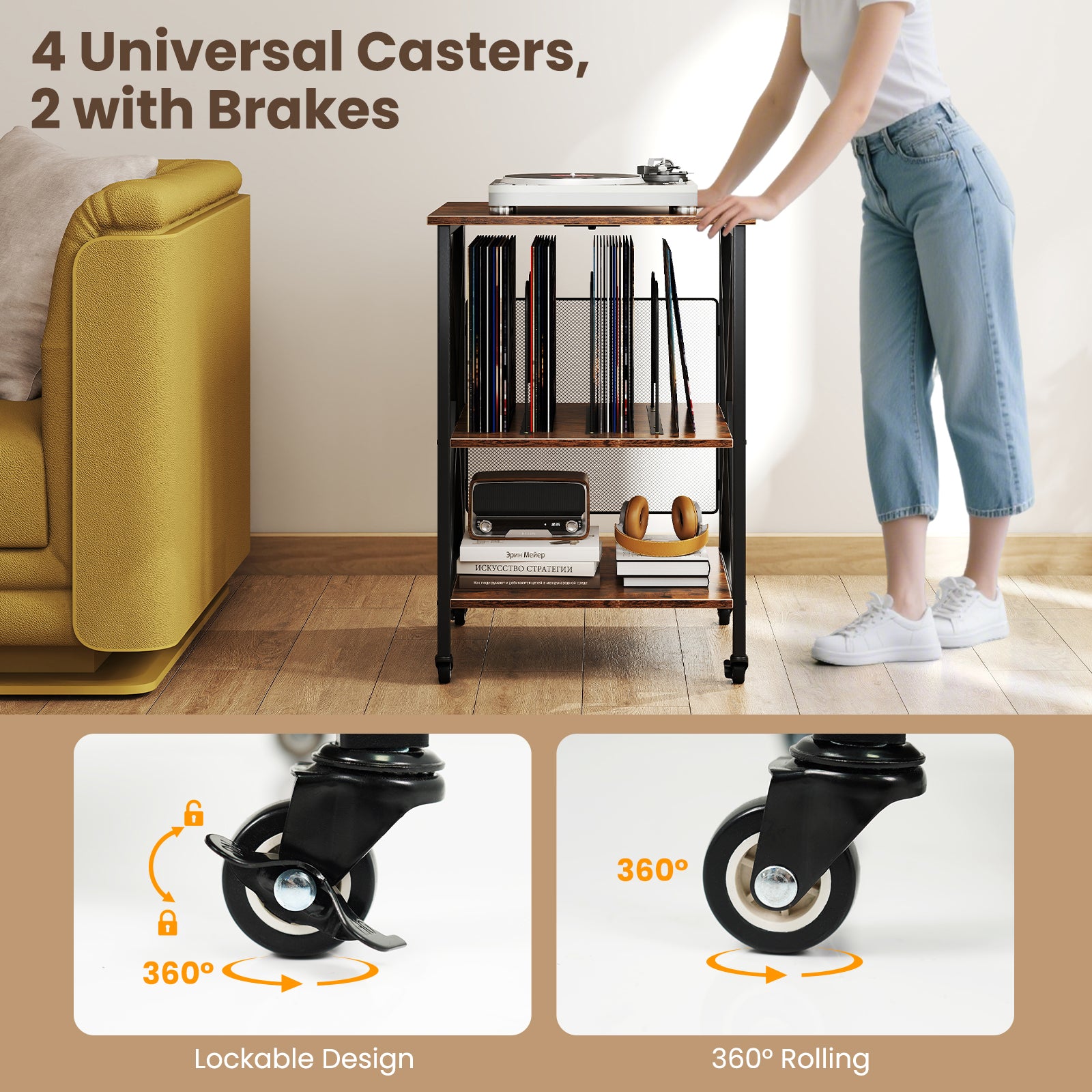 3-Tier Record Player Stand with Charging Station and Adjustable Shelf, Coffee Corner Desks at Gallery Canada