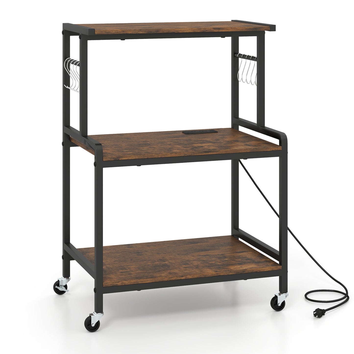 3-Tier Rolling Microwave Cart with Power Outlet and Lockable Wheels and 10 Hooks, Rustic Brown