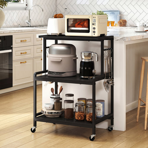 3-Tier Rolling Microwave Cart, Power Outlet, Lockable Wheels, Black