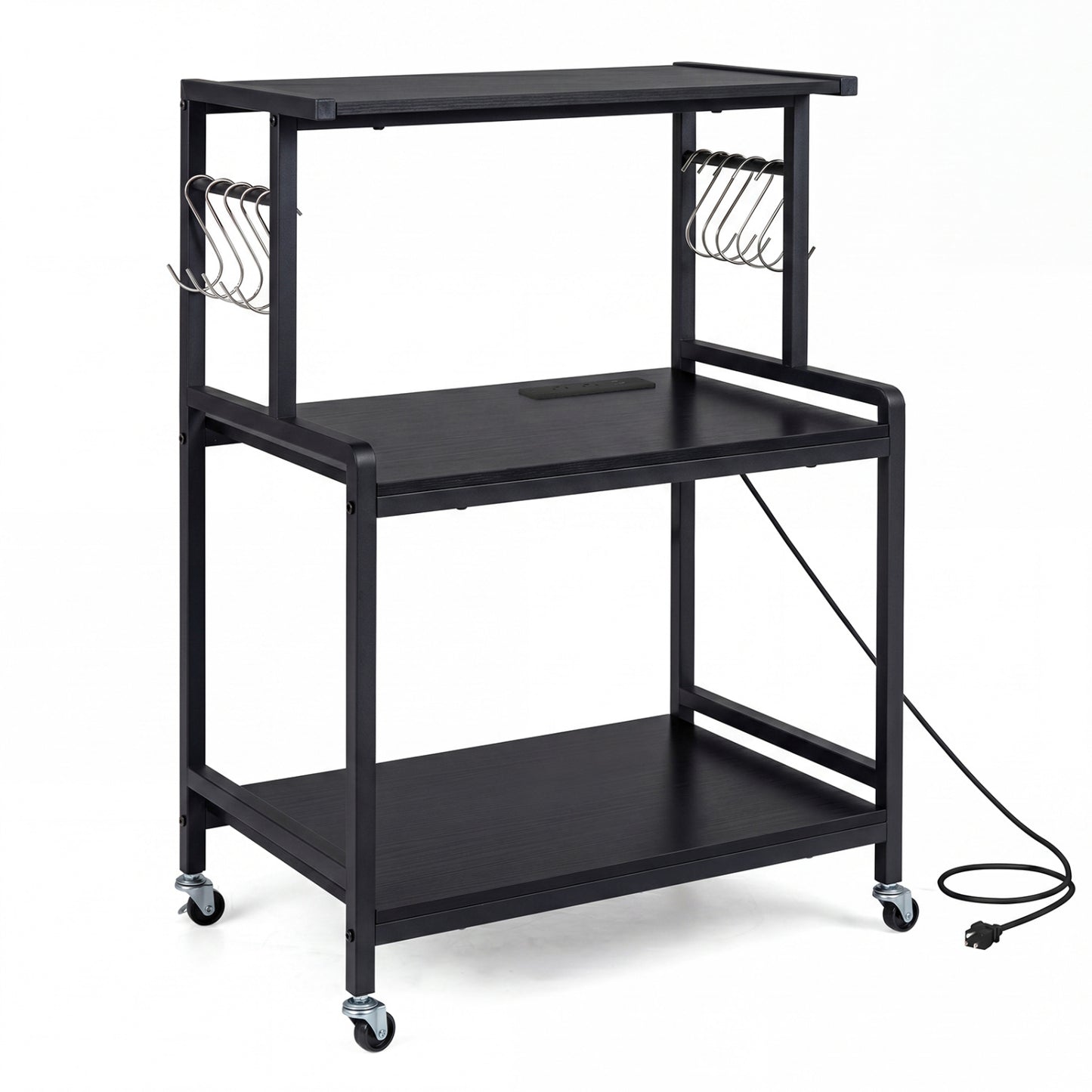 3-Tier Rolling Microwave Cart, Power Outlet, Lockable Wheels, Black