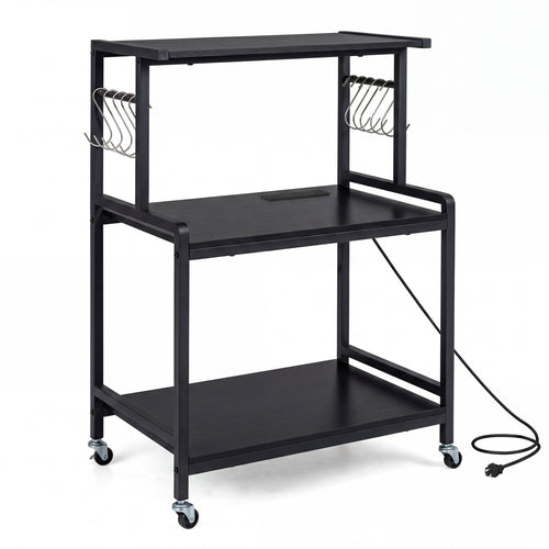 3-Tier Rolling Microwave Cart, Power Outlet, Lockable Wheels, Black