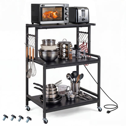 3-Tier Rolling Microwave Cart, Power Outlet, Lockable Wheels, Black