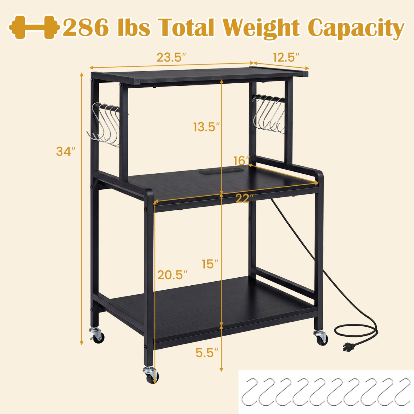 3-Tier Rolling Microwave Cart, Power Outlet, Lockable Wheels, Black