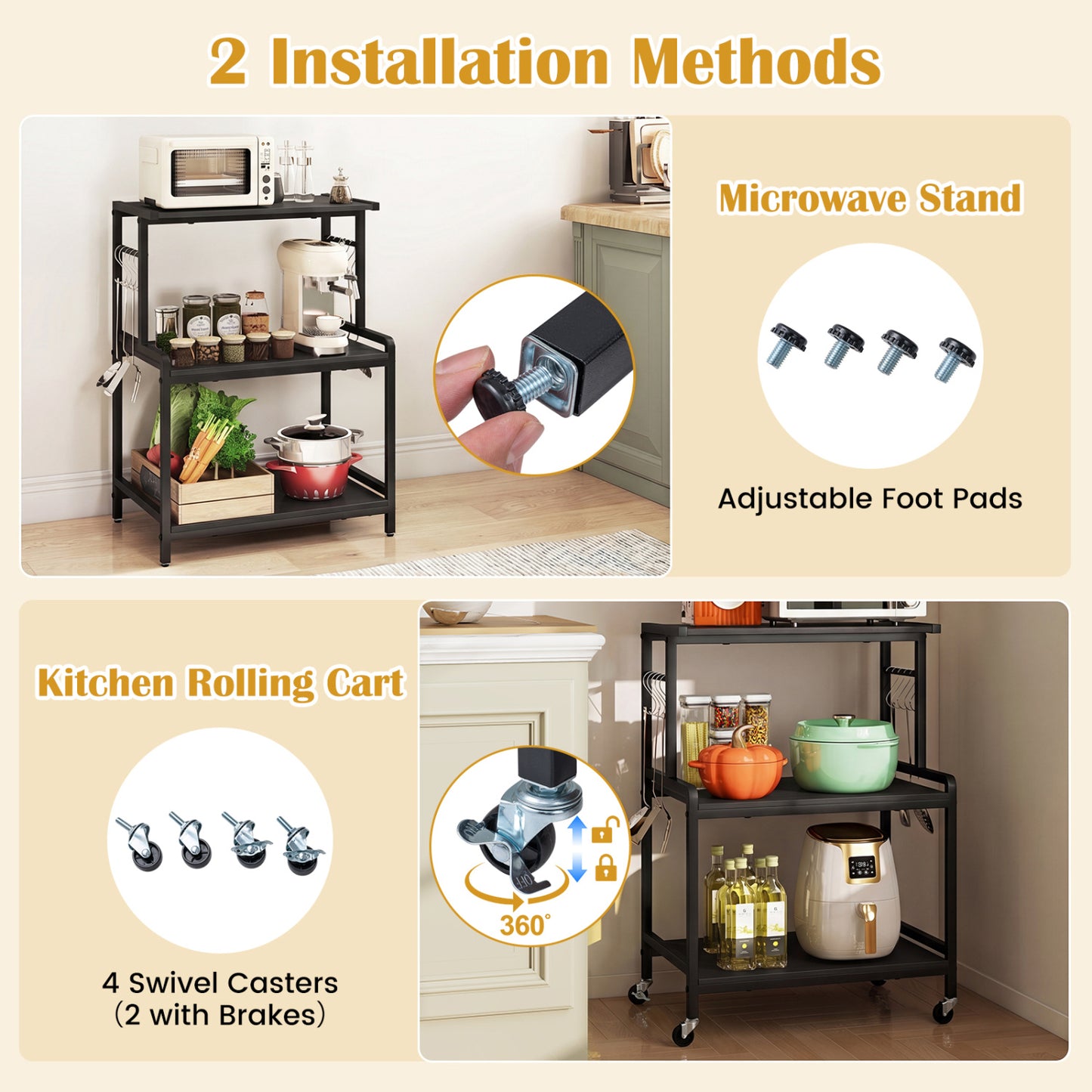 3-Tier Rolling Microwave Cart, Power Outlet, Lockable Wheels, Black