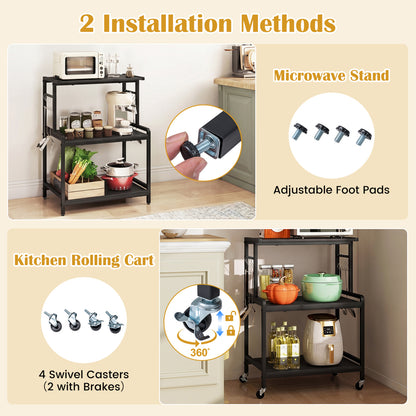 3-Tier Rolling Microwave Cart, Power Outlet, Lockable Wheels, Black