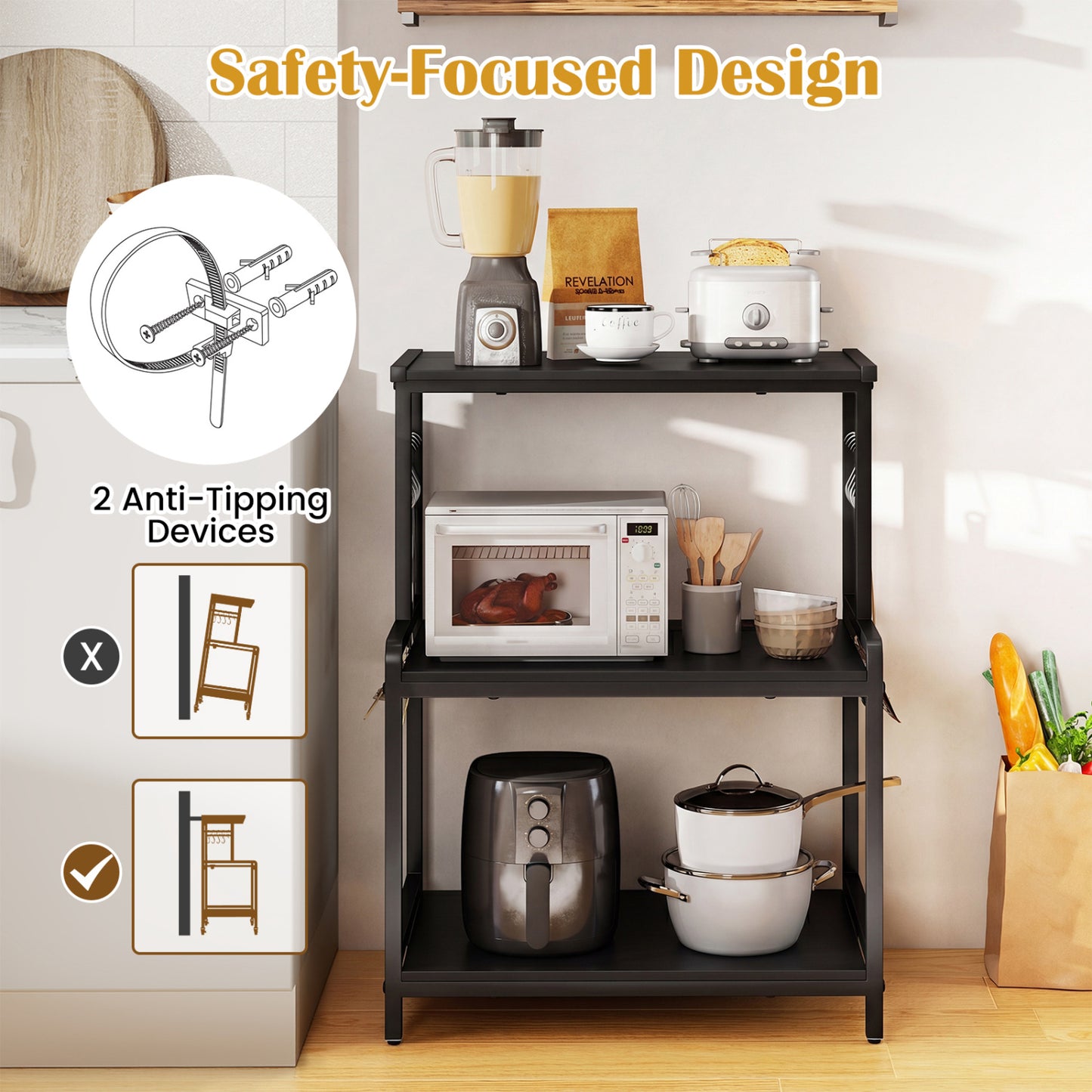 3-Tier Rolling Microwave Cart, Power Outlet, Lockable Wheels, Black