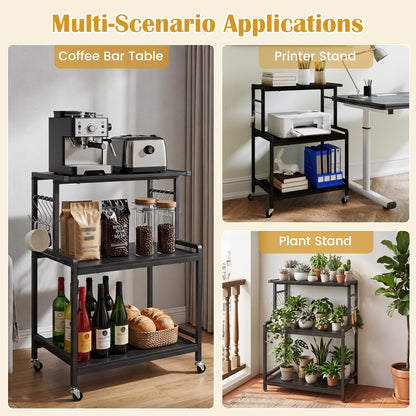 3-Tier Rolling Microwave Cart, Power Outlet, Lockable Wheels, Black