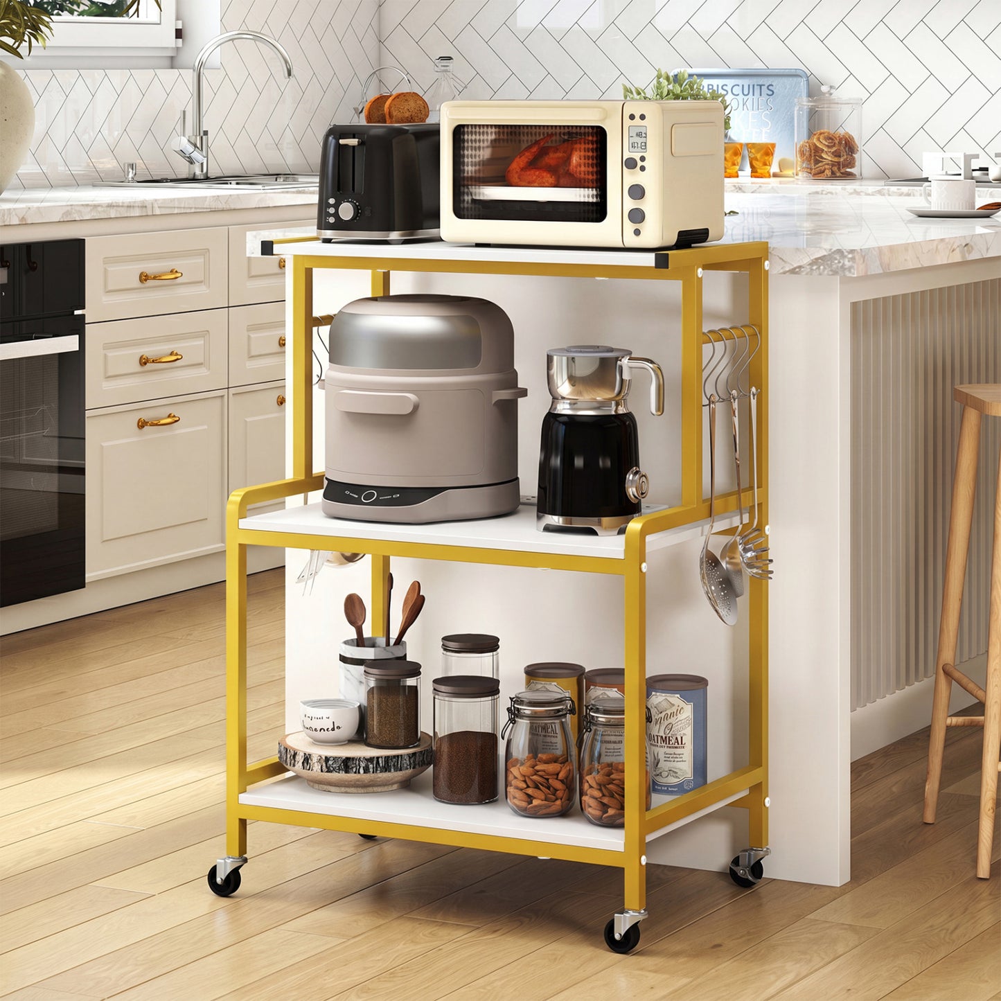 3-Tier Rolling Microwave Cart, 10 Hooks, White & Golden