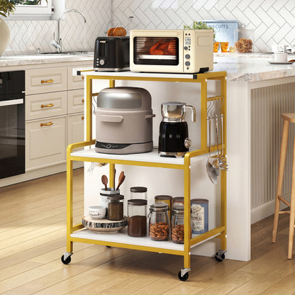 3-Tier Rolling Microwave Cart, 10 Hooks, White & Golden