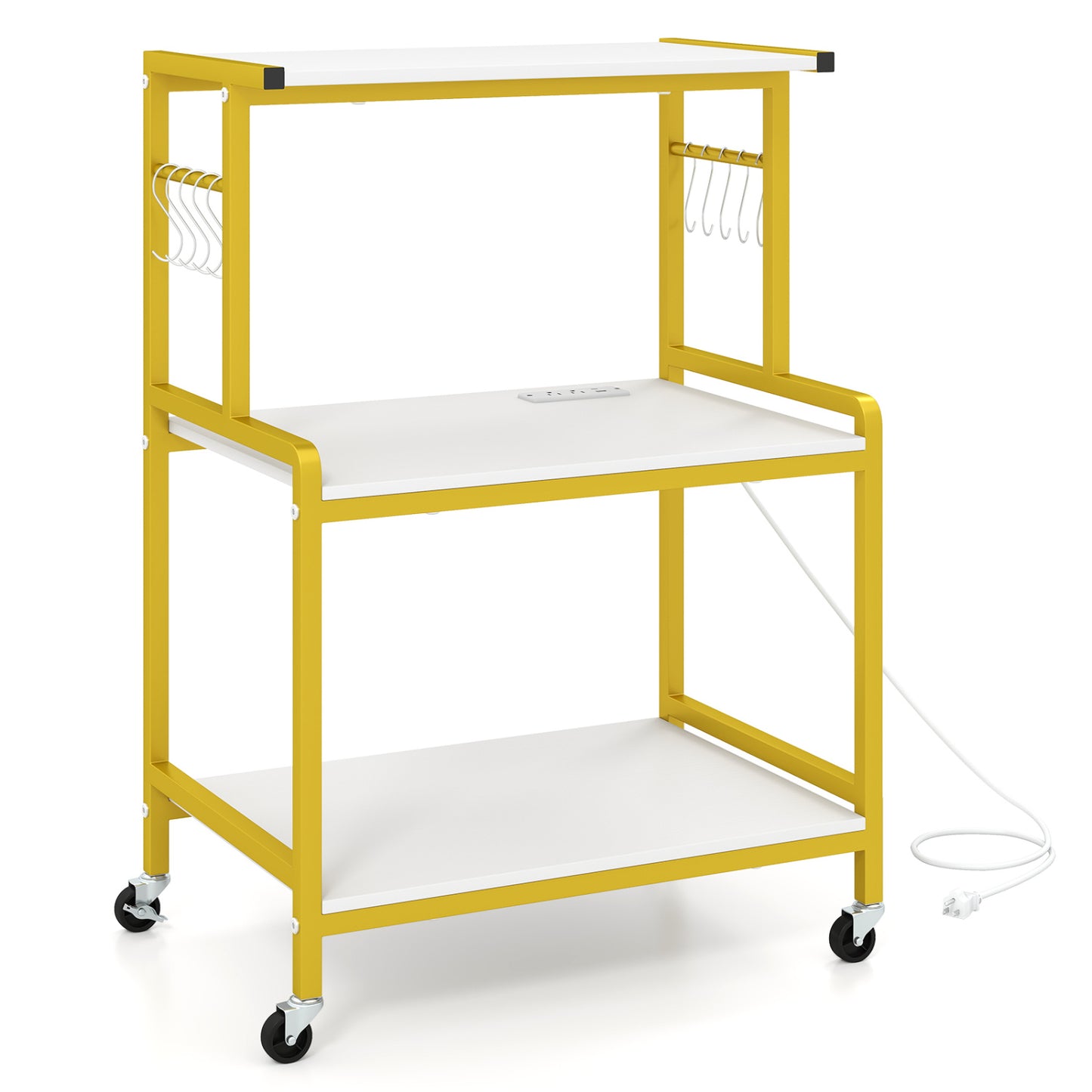 3-Tier Rolling Microwave Cart, 10 Hooks, White & Golden