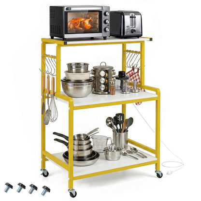 3-Tier Rolling Microwave Cart, 10 Hooks, White & Golden