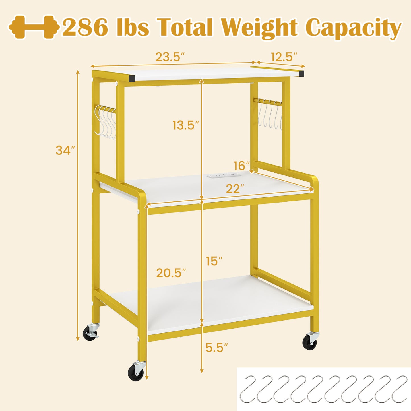 3-Tier Rolling Microwave Cart, 10 Hooks, White & Golden