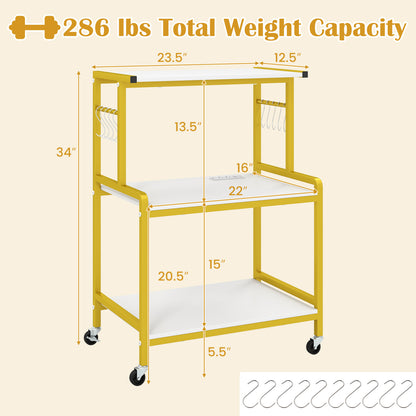3-Tier Rolling Microwave Cart, 10 Hooks, White & Golden