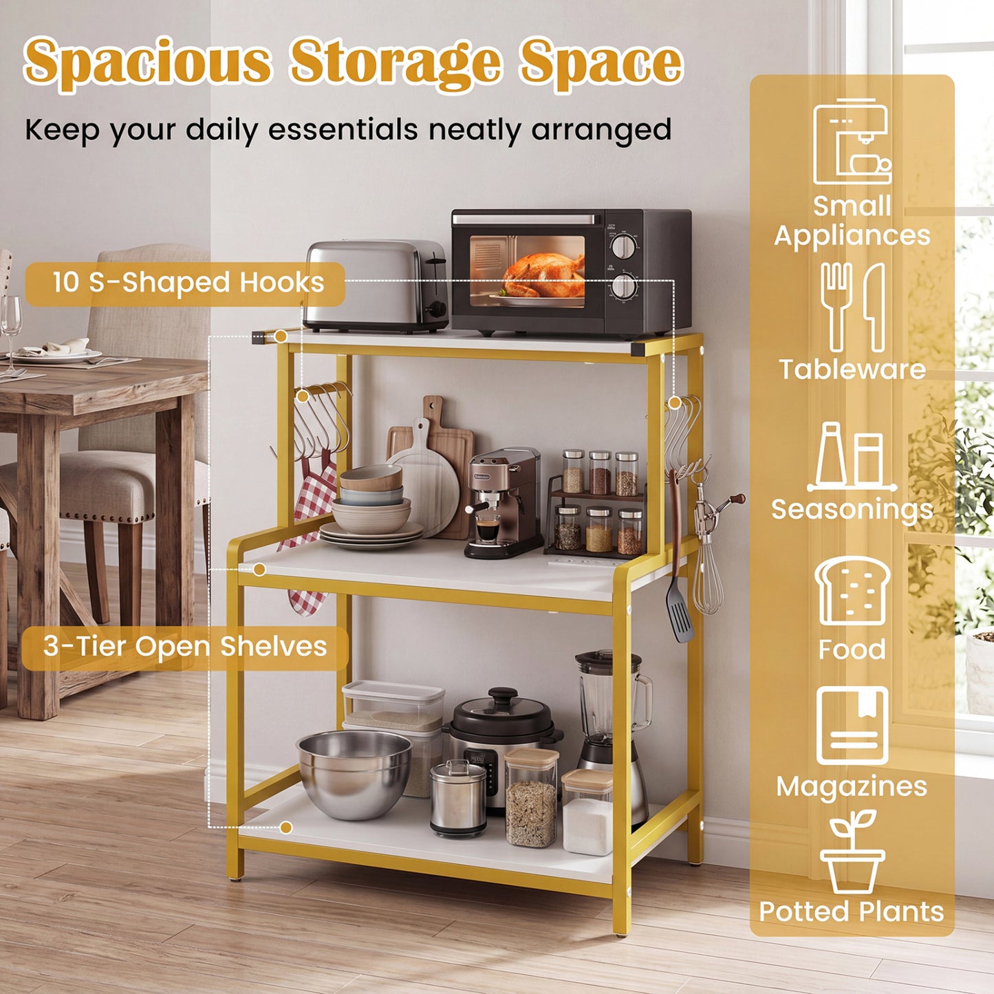 3-Tier Rolling Microwave Cart, 10 Hooks, White & Golden