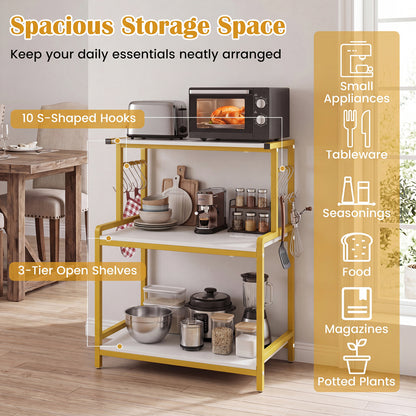 3-Tier Rolling Microwave Cart, 10 Hooks, White & Golden