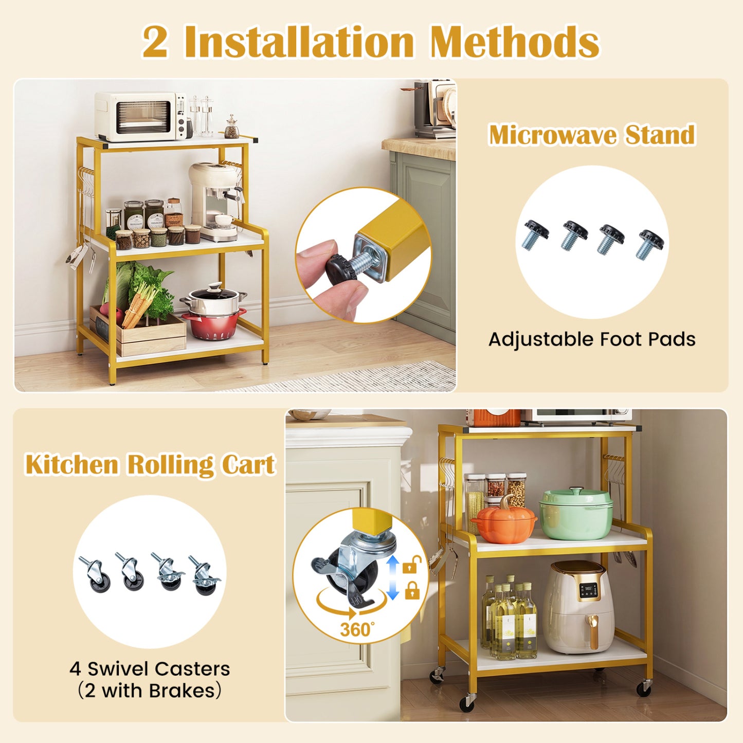 3-Tier Rolling Microwave Cart, 10 Hooks, White & Golden