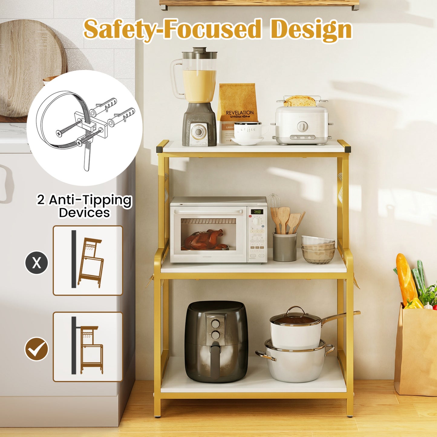 3-Tier Rolling Microwave Cart, 10 Hooks, White & Golden
