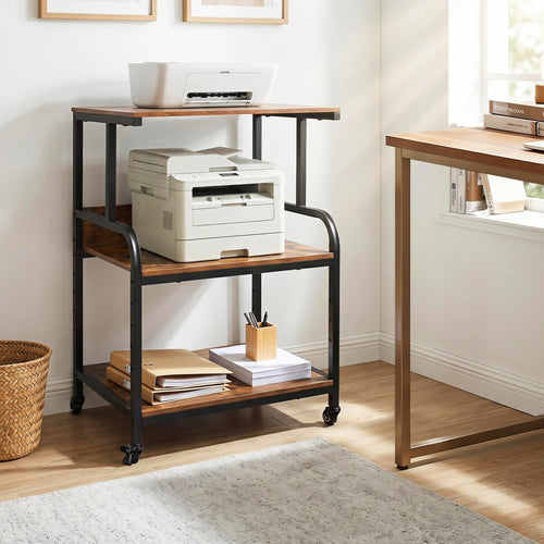 3-Tier Rolling Printer Stand, Adjustable Shelf, Lockable Wheels, Rustic Brown