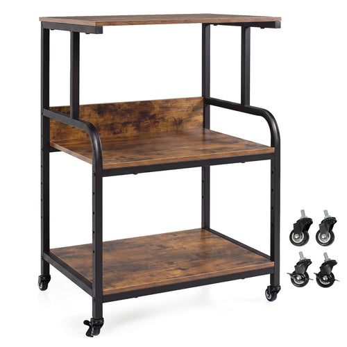 3-Tier Rolling Printer Stand, Adjustable Shelf, Lockable Wheels, Rustic Brown