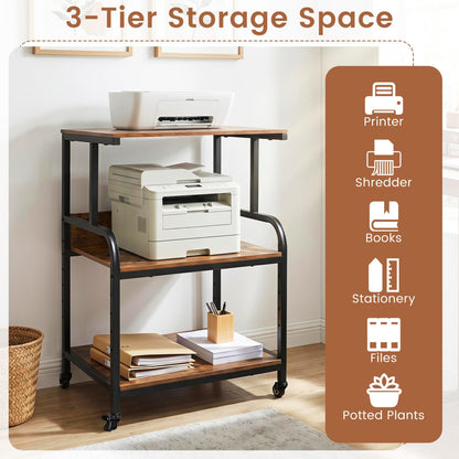 3-Tier Rolling Printer Stand, Adjustable Shelf, Lockable Wheels, Rustic Brown