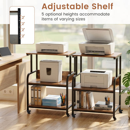 3-Tier Rolling Printer Stand, Adjustable Shelf, Lockable Wheels, Rustic Brown