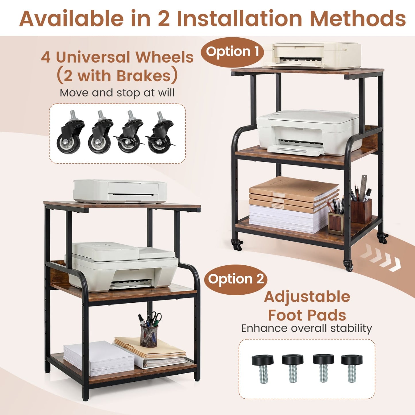 3-Tier Rolling Printer Stand, Adjustable Shelf, Lockable Wheels, Rustic Brown