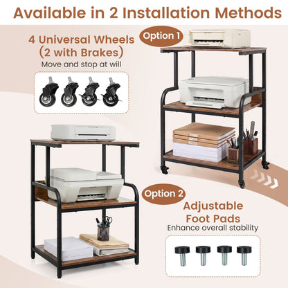 3-Tier Rolling Printer Stand, Adjustable Shelf, Lockable Wheels, Rustic Brown