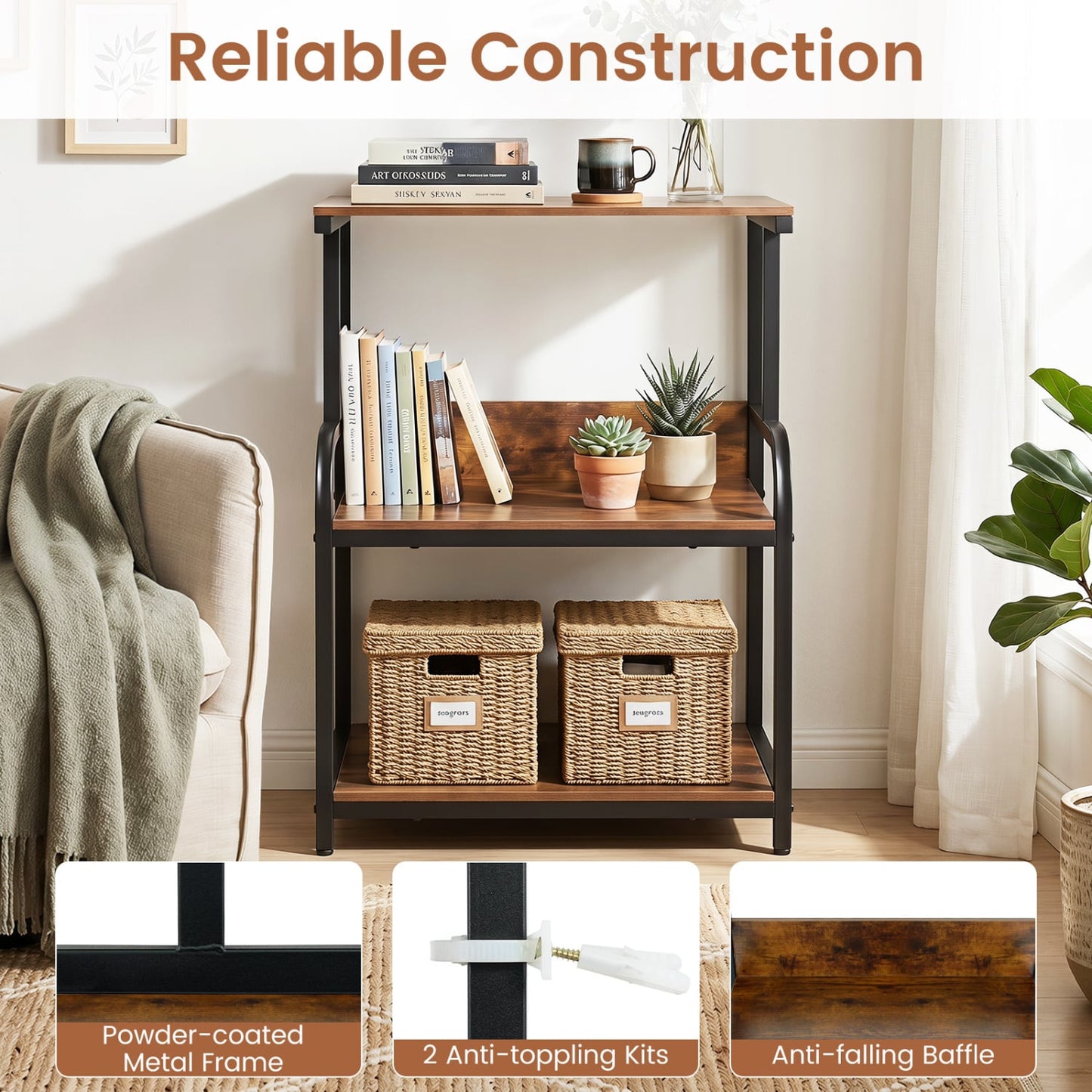 3-Tier Rolling Printer Stand, Adjustable Shelf, Lockable Wheels, Rustic Brown