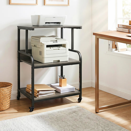 3-Tier Rolling Printer Stand, Adjustable Shelf, Lockable Wheels, Oak