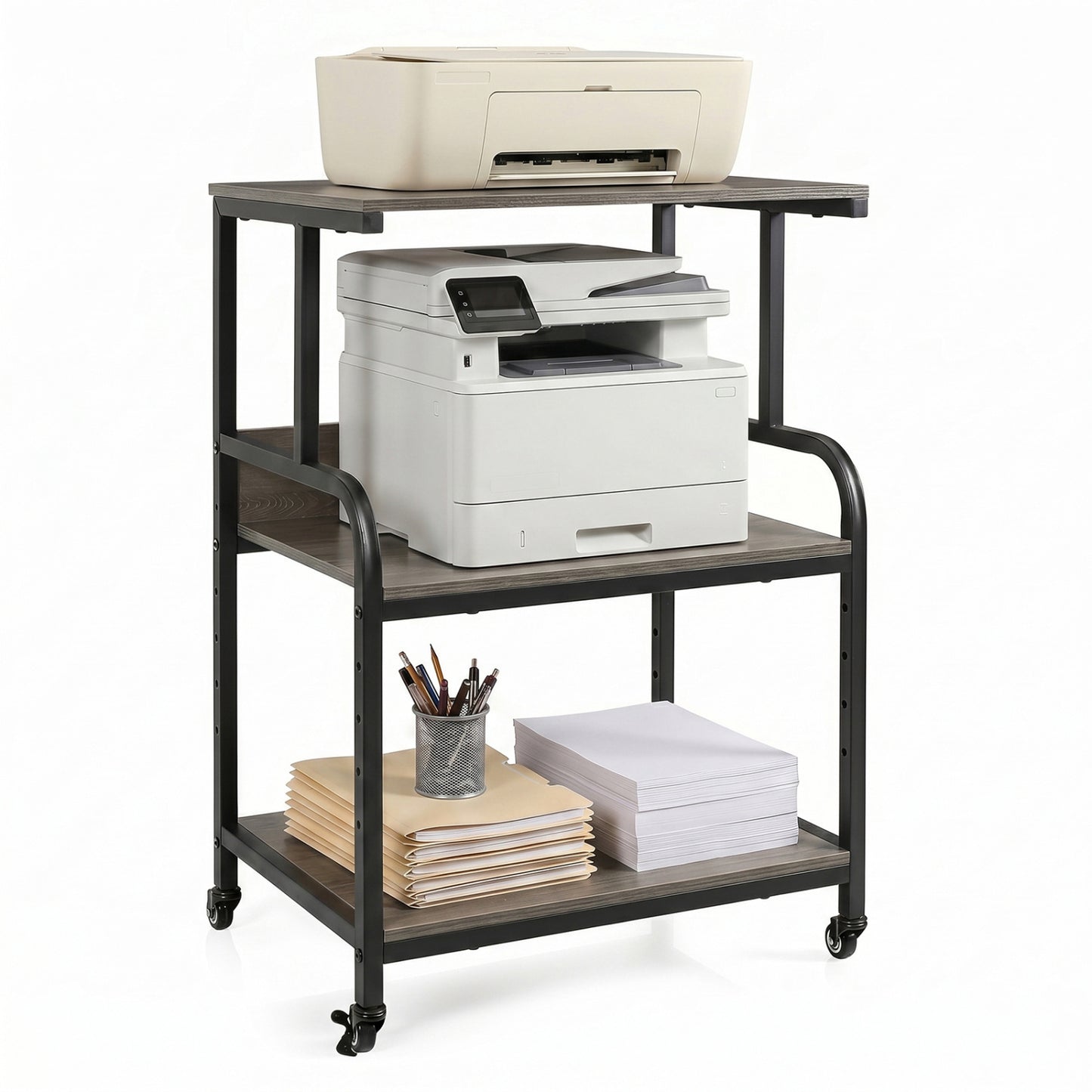 3-Tier Rolling Printer Stand, Adjustable Shelf, Lockable Wheels, Oak