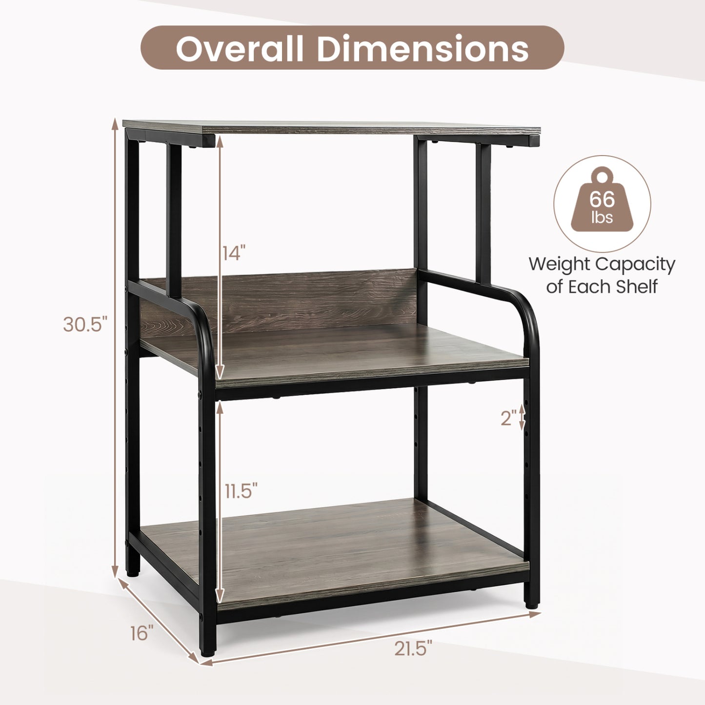 3-Tier Rolling Printer Stand, Adjustable Shelf, Lockable Wheels, Oak