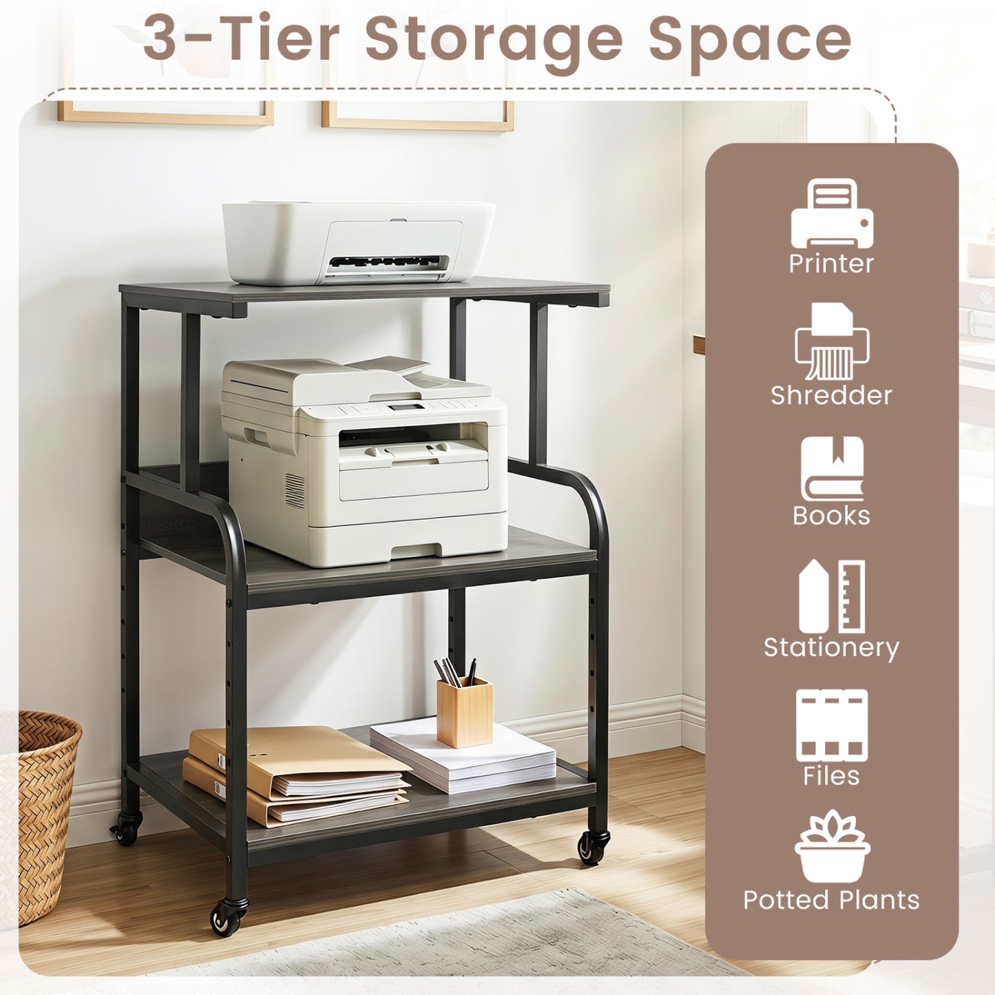 3-Tier Rolling Printer Stand, Adjustable Shelf, Lockable Wheels, Oak