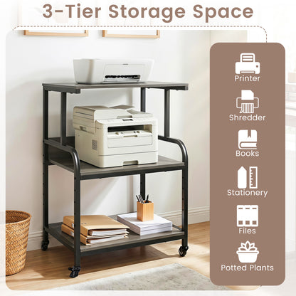 3-Tier Rolling Printer Stand, Adjustable Shelf, Lockable Wheels, Oak