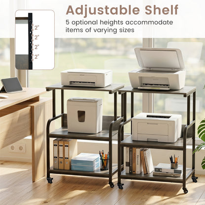 3-Tier Rolling Printer Stand, Adjustable Shelf, Lockable Wheels, Oak