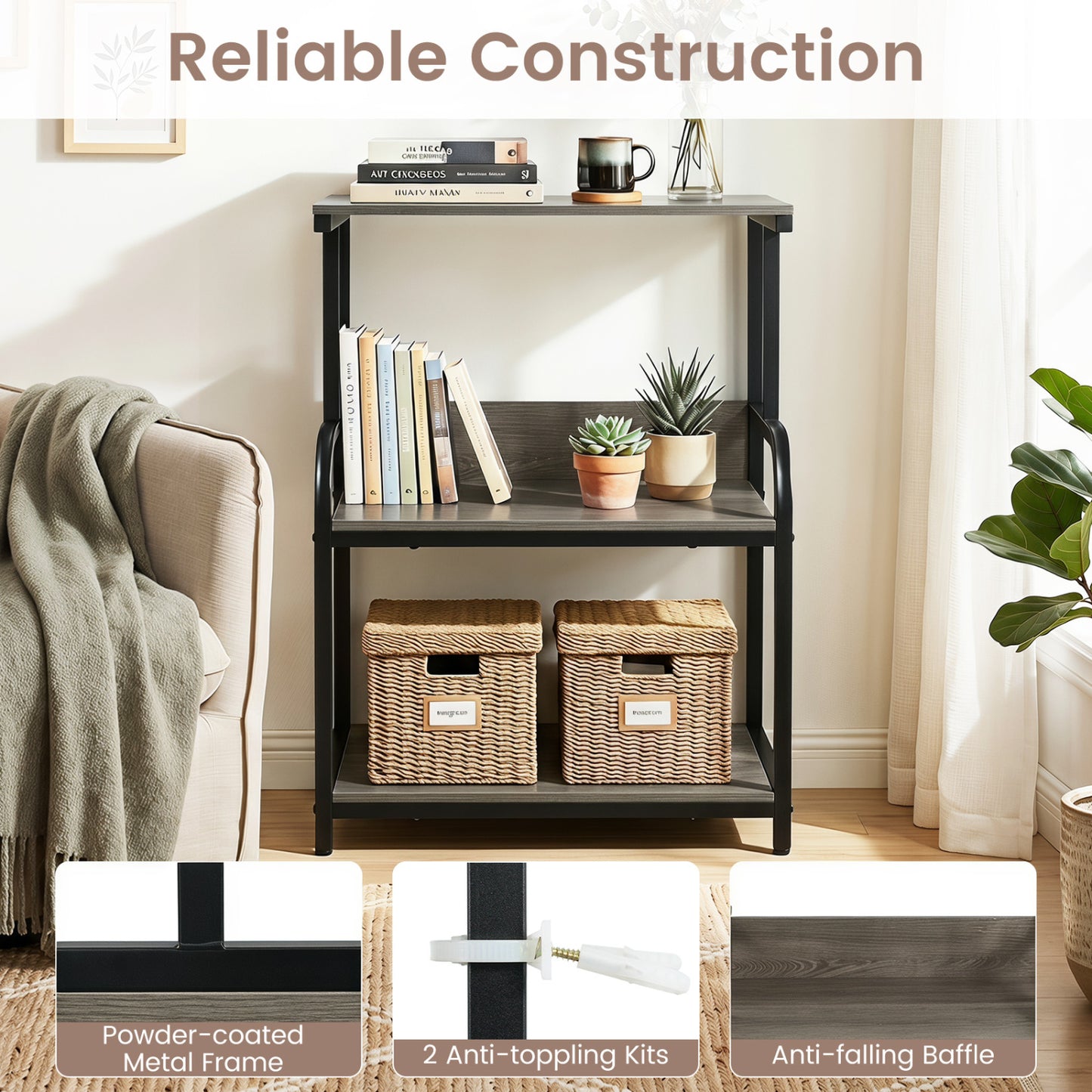 3-Tier Rolling Printer Stand, Adjustable Shelf, Lockable Wheels, Oak