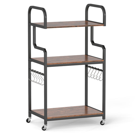 3-Tier Rolling Printer Stand, Storage Shelves, 10 Hooks, Rustic Brown Laptop Tables & Printer Stands Rustic Brown at Gallery Canada