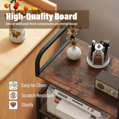 Support d'imprimante roulant à 3 niveaux, étagères de rangement, 10 crochets, brun rustique