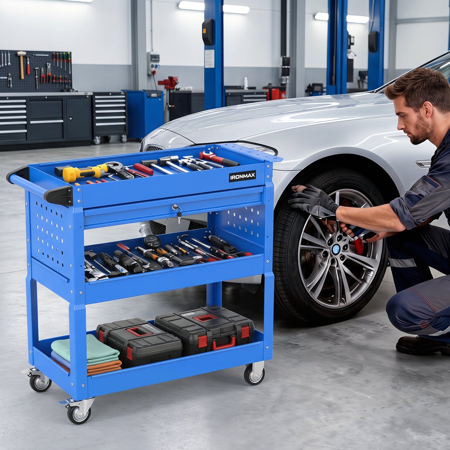 3-Tier Rolling Tool Cart With Lockable Drawer, Blue Garages at Gallery Canada