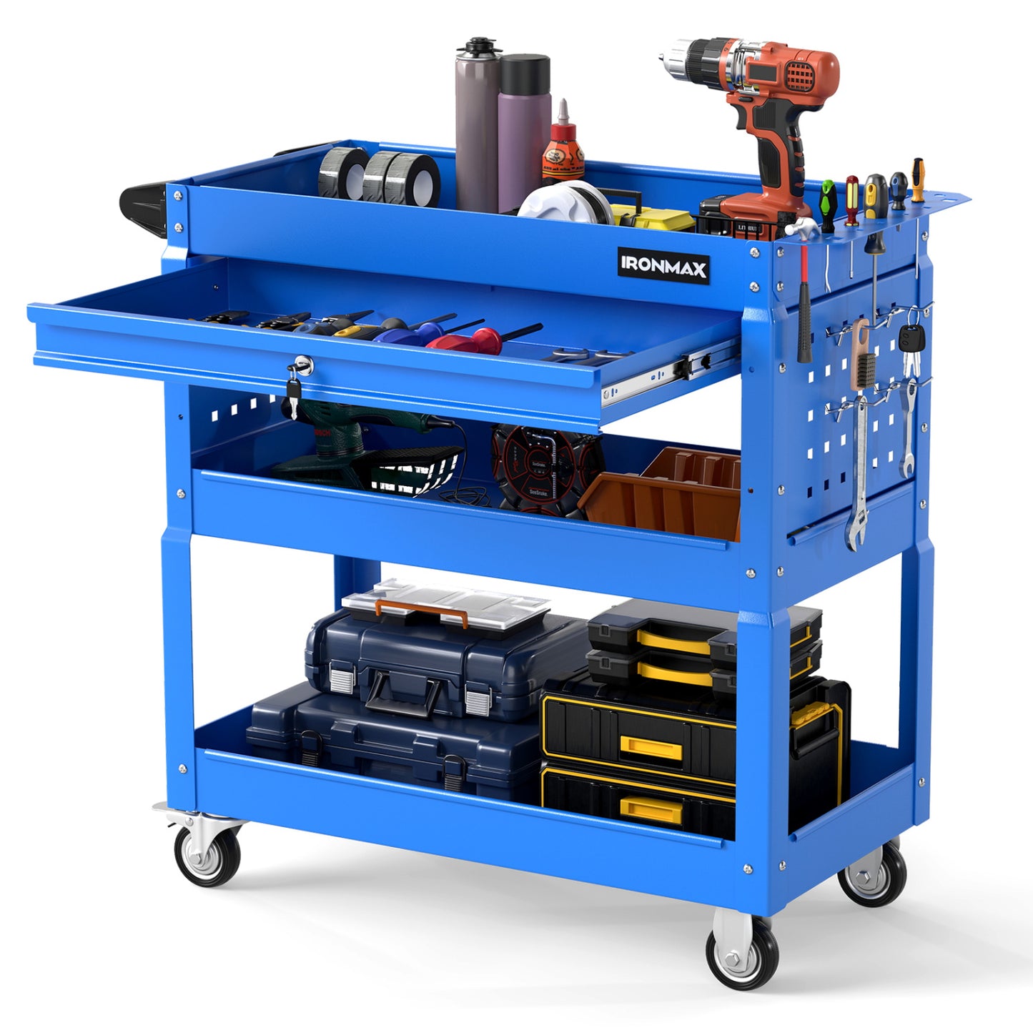 3-Tier Rolling Tool Cart With Lockable Drawer, Blue Garages at Gallery Canada