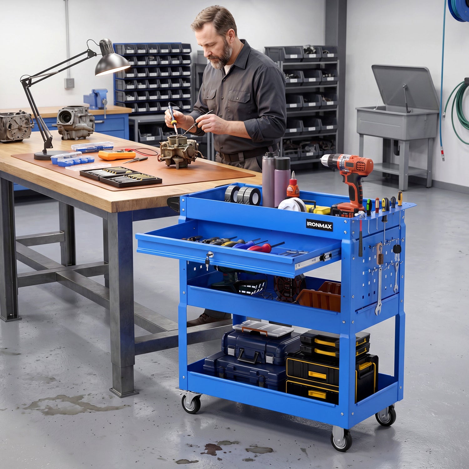 3-Tier Rolling Tool Cart With Lockable Drawer, Blue Garages at Gallery Canada
