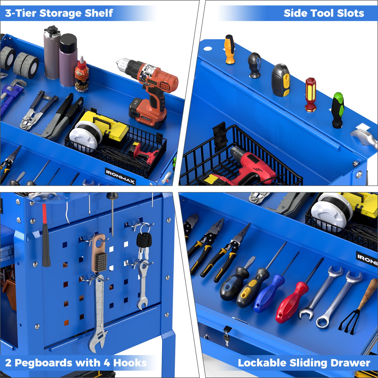 3-Tier Rolling Tool Cart With Lockable Drawer, Blue Garages at Gallery Canada